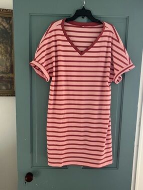 Pink and Burgundy Striped V-Neck T-Shirt Dress